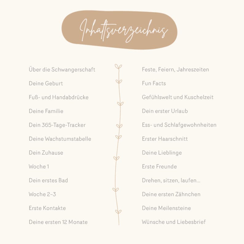 Op de afbeelding: Een beige en bruine ge&iuml;llustreerde gids met een inhoudsopgave voor een zwangerschapsdagboek. De inhoudsopgave bevat secties zoals "Je geboorte", "Je familie", "Je eerste bad", "Je mijlpalen" en "Wensen en liefdesbrief".