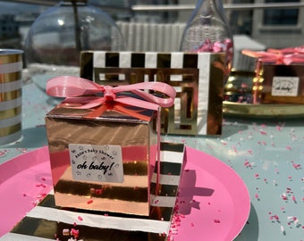 Rose Gold Baby Shower Favor Boxes: Pink Ribbon, Personalized (Set of 10)