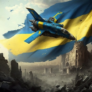 May include: A blue and yellow flag with a stylized airplane flying over a destroyed city. The flag is waving in the wind and the airplane is flying towards the viewer.