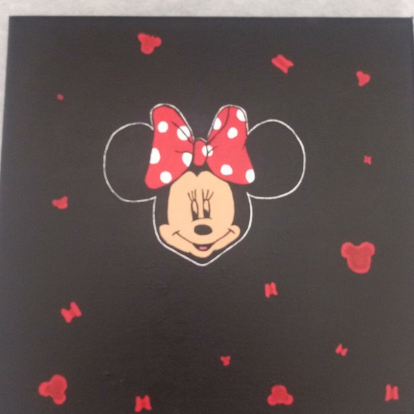 Tableau Disney Minnie à l'acrylique peint à la main sur toile de coton noir et rouge 30x30 cm