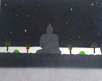 Grand tableau moderne zen bouddha, peinture acrylique à la main sur toile de coton 40x60cm