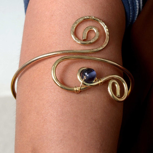 Lapis Adjustable Arm Cuff Bracelet Boho Hippie Double Spirals Armlet Bangle Upper Arm Spikes gold brass Bohemian Jewelry gift gift for her