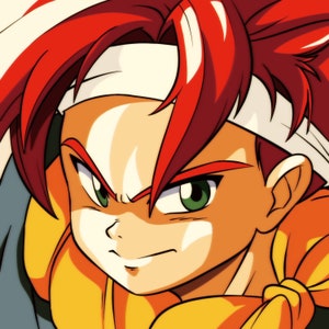 May include: A close-up of a cartoon character with red hair, a white headband, and a determined expression. The character is wearing a yellow and orange outfit.
