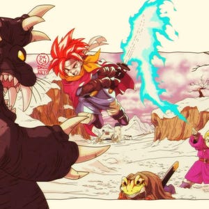 May include: An action-packed illustration featuring a red-haired character wielding a glowing blue sword against a large, dark monster with sharp teeth. A character in a pink coat and a frog-like creature are also present in a snowy landscape.