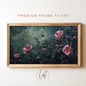 Flower Painting Frame TV Art, Antique Dark Green Peach Wildflower Screensaver, Earthy Organic Floral Vintage Botanical Summer Decor