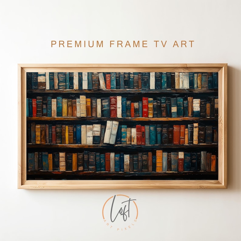 May include: A rectangular wooden frame containing a print of a multi-tiered bookshelf filled with numerous books of varying colors, including red, blue, yellow, and white spines. The text PREMIUM FRAME TV ART is centered above the frame.