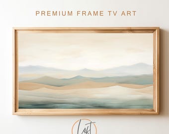 May include: A framed abstract landscape painting with a muted color palette of beige, brown, and blue. The painting depicts a series of rolling hills and valleys, creating a sense of depth and perspective. The frame is a simple, natural wood color.