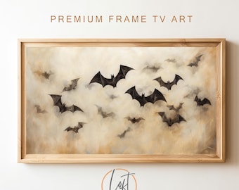 May include: A framed print of a watercolor painting depicting a flock of bats flying through a cloudy sky. The bats are black and the clouds are a light beige color.