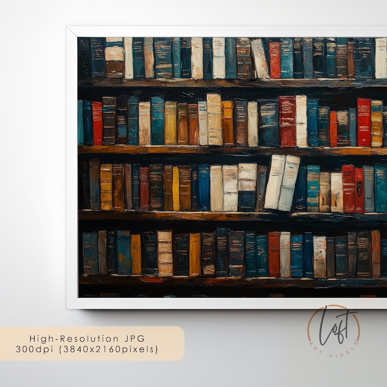 May include: A framed wall art print featuring a multi-shelf bookcase filled with numerous books of varying colors, including red, blue, yellow, and white spines. The artwork displays a textured, painterly style with visible brushstrokes.