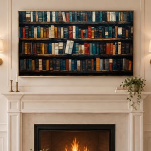 May include: A rectangular wall art print featuring a detailed illustration of four horizontal wooden shelves densely packed with numerous books in various shades of blue, red, orange, yellow, and white, displayed above a fireplace.