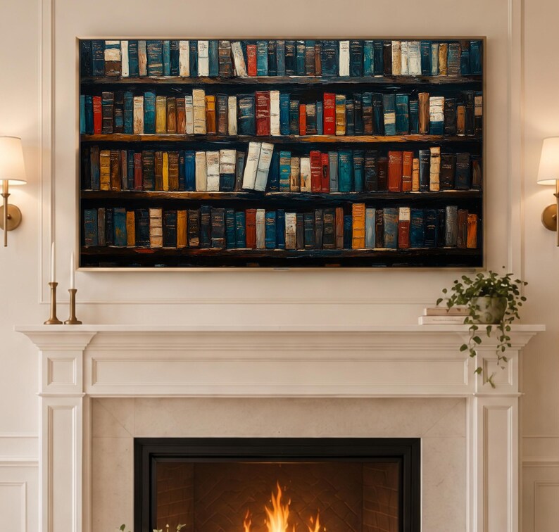 May include: A rectangular wall art print featuring a detailed illustration of four horizontal wooden shelves densely packed with numerous books in various shades of blue, red, orange, yellow, and white, displayed above a fireplace.