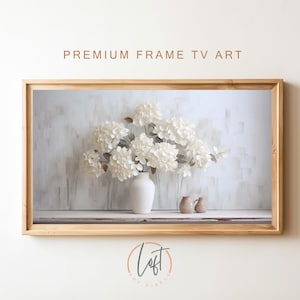 FRAME TV art White Hydrangeas still life, Spring Samsung Frame tv art rustic farmhouse, Neutral floral tv artwork cottage decor