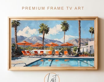 Retro zomer Samsung lijst tv-kunst | Architectuur uit het midden van de eeuw, vintage Samsung-frame tv-kunst voor Smart Tv Retro Pool Vintage tv-beeld