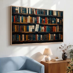 May include: A rectangular wall art print featuring a detailed illustration of a multi-tiered wooden bookshelf packed with numerous vintage books in various colors, including shades of blue, red, yellow, and brown, framed in a light wood border.