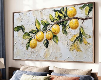 May include: A rectangular oil painting featuring a thick impasto texture of a lemon tree branch with bright yellow lemons and deep green leaves against a textured off-white background, framed in a thin dark brown wooden border.