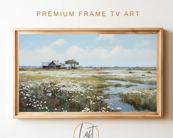 May include: A framed painting of a landscape with a small wooden house in the distance. The foreground is a field of white wildflowers and small pools of water. The sky is blue with white clouds.