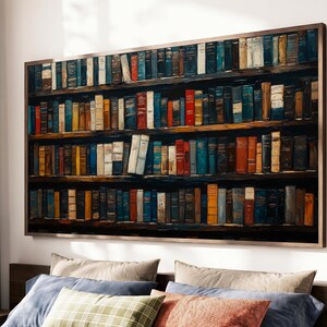May include: A rectangular wall art print featuring a detailed illustration of a multi-tiered wooden bookshelf packed with numerous books of varying colors, including shades of blue, red, orange, brown, and white, arranged in rows.