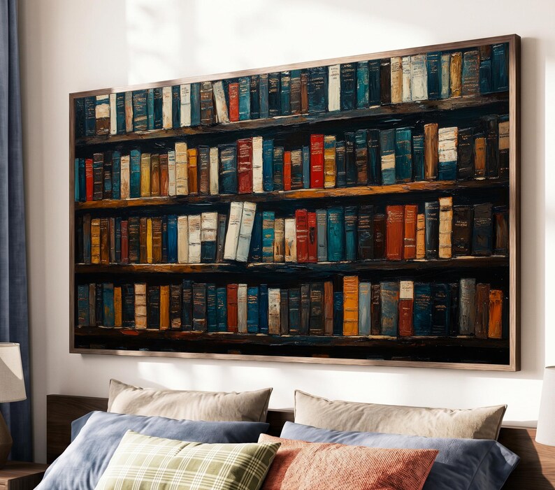 May include: A rectangular wall art print featuring a detailed illustration of a multi-tiered wooden bookshelf packed with numerous books of varying colors, including shades of blue, red, orange, brown, and white, arranged in rows.