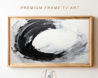 May include: Abstract black and white painting in a wooden frame. The painting features a large, swirling black shape on a white background. The text "PREMIUM FRAME TV ART" is above the frame.