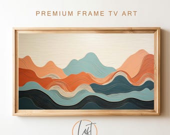 Quadro abstrato com paisagem de montanha para TV, em tons de azul ferrugem e terracota (download digital)