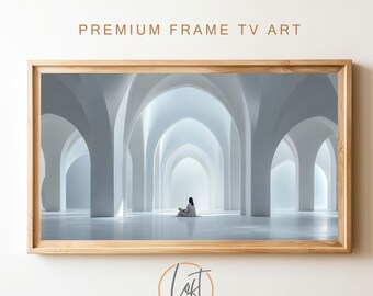 May include: A framed print of a person sitting in a white, arched room with a bright light at the end of the hallway.