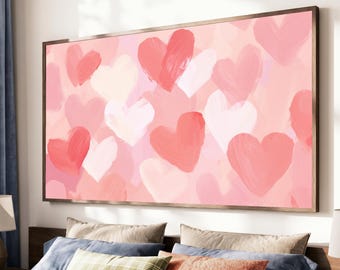 May include: A rectangular wall art piece featuring a repeating pattern of painted hearts in various shades of pink, coral, and white. The hearts have visible brushstroke textures and are set against a soft pink background, all enclosed in a thin dark brown frame.