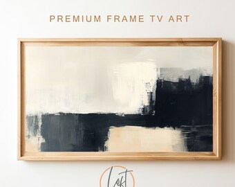 May include: Abstract art print in a natural wood frame. The artwork features a minimalist design with blocks of black, white, and beige. The text "PREMIUM FRAME TV ART" is displayed above the artwork. The bottom right corner has the text "Loft Art Pixels".