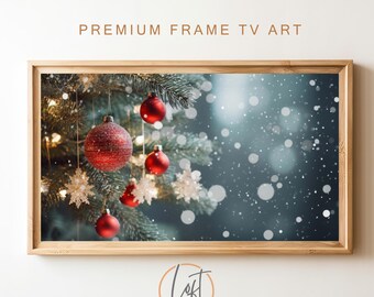 May include: A framed print of a Christmas tree with red baubles and white snowflakes. The background is a blurred blue with white bokeh lights.