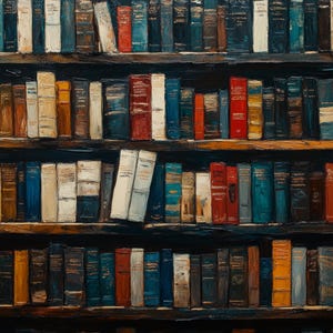 May include: An oil painting style depiction of three wooden shelves filled with numerous books of varying colors including red, blue, white, brown, and black. The books are arranged vertically and horizontally, showing textured brushstrokes throughout.