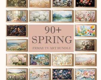 May include: A digital collection of 90+ spring-themed artworks for television displays, featuring various floral, landscape, and nature scenes in rectangular frames with the text 90+ SPRING FRMAE TV ART BUNDLE in the center.