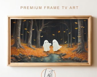 Cornice di Halloween per la TV, paesaggio vintage con famiglia di fantasmi (download digitale)