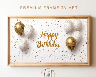 Gold Birthday Balloons Frame TV Art, Party Decor (Digital Download)