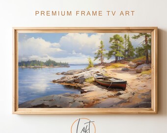 Samsung Frame TV Art | Coastal Lake Landscape Painting | Rustic Art DIGITAL