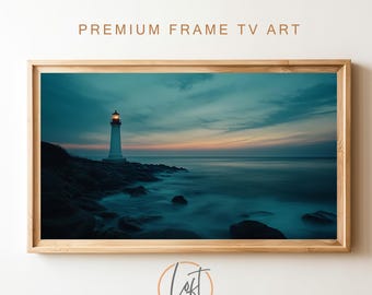 May include: A white lighthouse with a light on top stands on a rocky shore with the ocean in the background. The sky is a deep blue with a hint of orange in the distance.