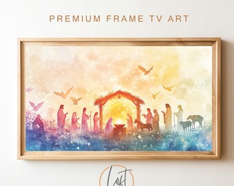 May include: A watercolor painting depicting the nativity scene with a stable, a star, and figures of people and animals. The painting has a soft, colorful background with a warm, golden glow.