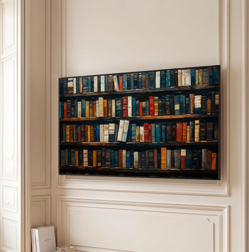 May include: A rectangular wall-mounted television screen displaying a high-resolution image of a wooden bookshelf filled with numerous books of varying colors, including shades of blue, red, yellow, and brown, arranged in four horizontal rows.