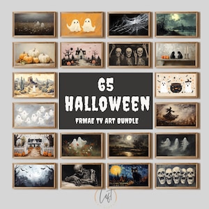 May include: A collection of 20 framed Halloween art prints. The prints depict spooky scenes such as ghosts, skeletons, pumpkins, and haunted houses. The central image reads "65 HALLOWEEN FRMAE TV ART BUNDLE".