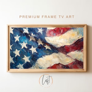 May include: A framed painting of an American flag with a textured, brushstroke style. The flag is painted in red, white, and blue with the stars in the upper left corner.