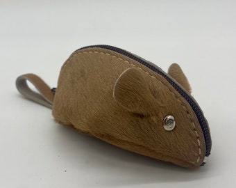 Furry leather coin purse in the shape of a mouse