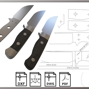 Puede incluir: Un dibujo a línea de una hoja de cuchillo y un mango con medidas en centímetros. El dibujo está etiquetado como "Tech Anvil Workshop".