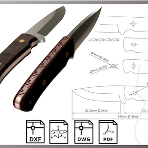 Drop point Style Knife Design Template, pdf, dxf, dwg, step