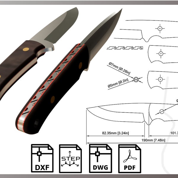 Drop point Style Knife Design Template, pdf, dxf, dwg, step