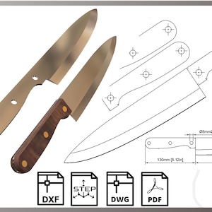 Op de afbeelding: Een lijntekening van een keukmes met afmetingen in inches. De tekening toont het blad, het handvat en de totale lengte van het mes. De tekst "Tech Anvil Workshop" is ook zichtbaar in de afbeelding.