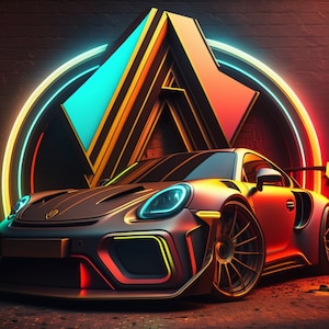 Porsche GT4 RS with Neon Abstract Background - Digital Art