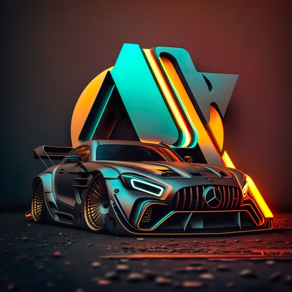 Mercedes GTR AMG with Neon Abstract Background - Digital Art Print