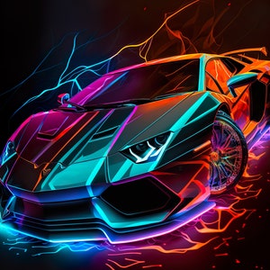 Lamborghini Aventador met neon voering achtergrond - digitale kunst