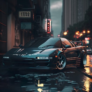 May include: A black Honda NSX sports car parked on a wet city street at night. The car has a black body, black wheels, and a black interior. The car is parked in front of a building with a street sign that reads "1732".