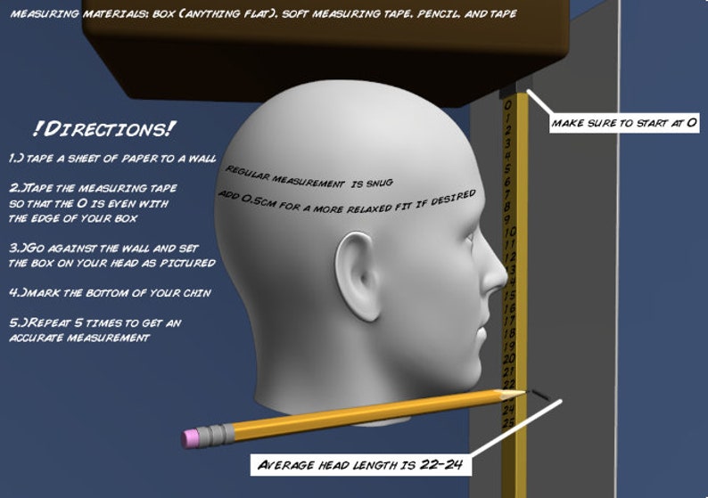 May include: A diagram showing how to measure head size using a measuring tape, a box, and a pencil. The instructions include taping a sheet of paper to a wall, taping the measuring tape so that the zero is even with the edge of the box, going against the wall and setting the box on your head as pictured, marking the bottom of your chin, and repeating five times to get an accurate measurement. The average head length is 22-24 inches.