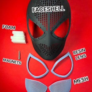 May include: A black plastic Spider-Man mask with a mesh face shield, labeled "FACESHELL". The mask is accompanied by a set of black resin eye lenses, a pair of gray mesh eye covers, and a set of white foam pieces. The text "FOAM", "MAGNETS", "RESIN LENS", and "MESH" are labeled on the image.