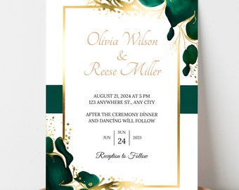 Emerald Green and Gold Wedding Invitation Template, Modern Green and Golden Invitations, Sage Green and Teal Digital Invitation Template
